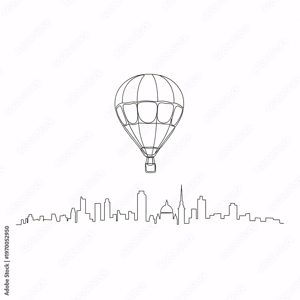 Fototapeta premium Hot air balloon flying over city skyline.