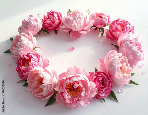 Beautiful Pink Peony Flower Wreath with Water Droplets.
