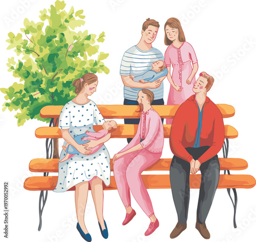 Family with newborn babies sitting on park bench, bonding outdoors, parenting moment, love, illustration, happy lifestyle, peaceful togetherness.