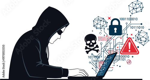 cyber security threat illustration, hacker attack concept, data breach protection, online privacy risk, malware warning, digital security system, internet safety technology design