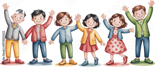 Happy cartoon children waving hands, colorful kids group illustration, cheerful friends together, childhood joy, friendship, unity, fun, smiling characters