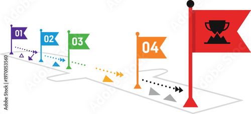 business roadmap, success journey, milestone flags, goal achievement concept, progress steps illustration, project timeline path, strategy planning visual, growth direction concept