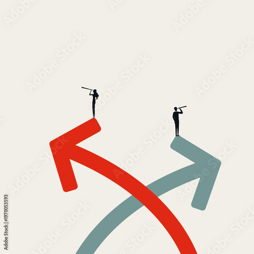 Minimal vector illustration. A business woman and man look in opposite directions through telescopes. Symbol for vision difference, gender gap, opinion, and inequality concept in corporate world.