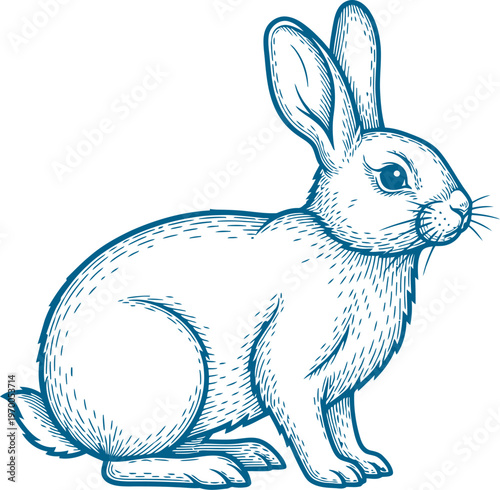 Rabbit sitting side profile blue line art drawing