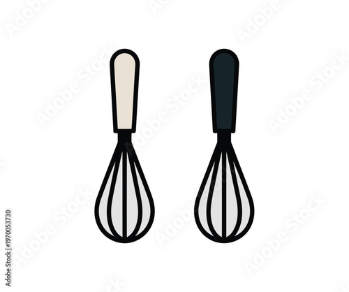 Two black wire whisks with different colored handles on white background