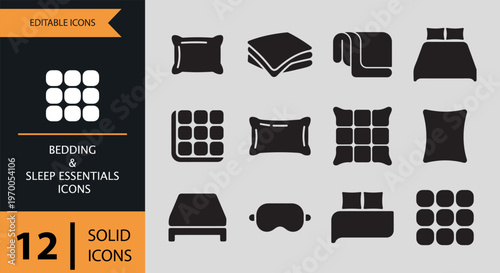 Bedding and sleep essentials icons in solid black on gray background