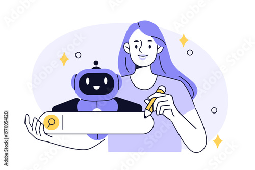 Character using artificial intelligence tools to optimize search performance. AI SEO, content optimization, marketing concept set. Vector outline illustration.
