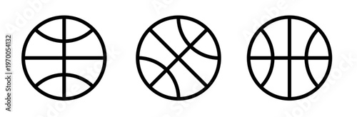 Outline basketball icons represent the sport of basketball, illustrating different styles and variations on a clean background.