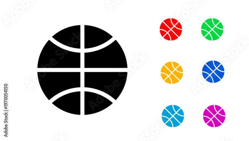 A solid black basketball glyph represents the sport of basketball, shown with colorful variations on a transparent background.