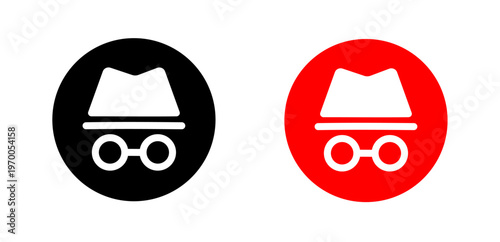 Incognito mode icon glyph represents private browsing and anonymity on the internet, displayed in black and red circles for UI/UX design.