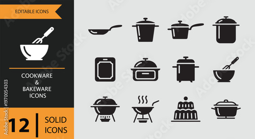 Collection of cookware and bakeware icons in solid black