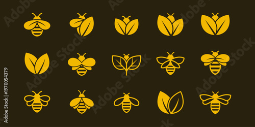 Creative honey bee logo set with leaf wing concept, clean vector design ideal for organic brands, honey products, eco farming, beekeeping, and natural business logos.