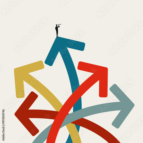 Minimal vector illustration concept of a business leader making a decision for future growth. Figure with telescope stands on colorful arrows searching direction and vision for corporate strategy.