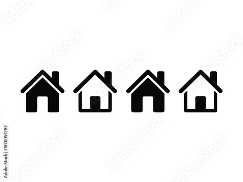 Four black and white house icons in a row on a white background