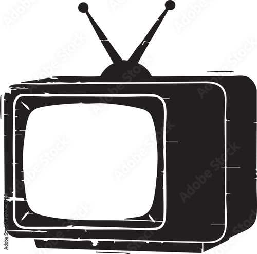 Retro tv with antennae on white background distressed black and white illustration of old vintage television set