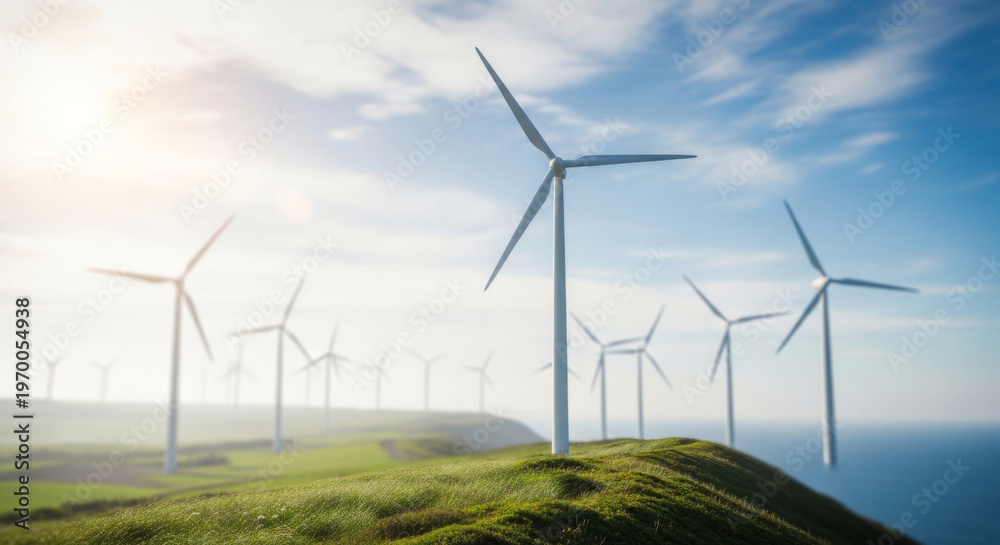 Fototapeta premium Serene View of Wind Turbines on A Green Hillside Under A Bright Blue Sky Concept Digital Technology