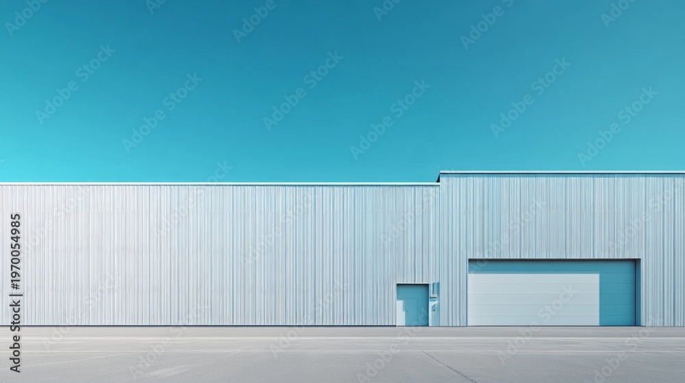 Obraz premium A modern white factory building with gates stands against a clear blue sky, exemplifying minimalist industrial architecture and providing the perfect backdrop for industrial themes.