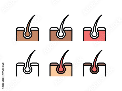 A set of six icons depicting hair follicles in various skin tones and conditions
