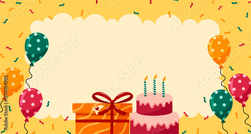 Festive Birthday Party Background Template with Balloons and Cake