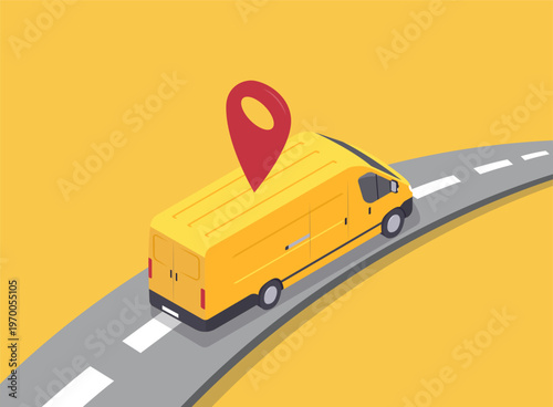 A cargo van in an isometric view moves along the road. Vector illustration.