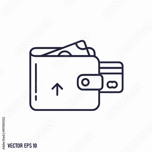 Modern vector outline icon of a wallet filled with cash and a credit card, representing financial transactions and budgeting