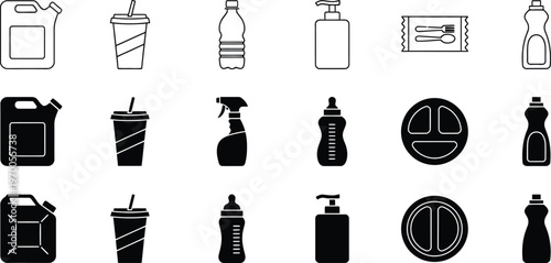Collection of black silhouette icons depicting various plastic containers