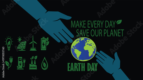 Sustainable Energy and Environmental Conservation Banner with Earth Globe and Green Power Symbols.