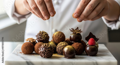 Close-up of Hands Delicately Sprinkling Decoration Over An Assortment of Gourmet Chocolate Truffles on A Marble Countertop Concept Delicious Food