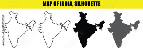 India map silhouette set with four different styles of maps outline white solid black and dotted isolated.