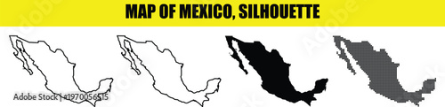 Mexico Map silhouette with four different styles of maps outline white solid black and dotted isolated.