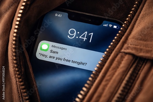 Smartphone in Pocket with 'Are You Free Tonight?' Text Message Notification