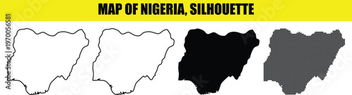 Map of nigeria silhouette with four different styles of maps outline white solid black and dotted isolated.