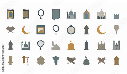 Islamic worship icons vector set with prayer tools mosque symbols and flat design elements