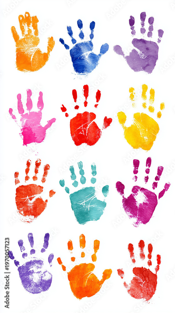 Fototapeta premium Colorful painted handprints collection on white background, kids art creative concept 