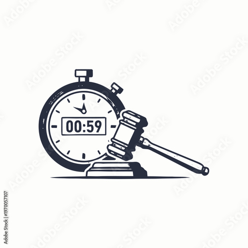 Concept of quick legal decision making and efficient legal process represented by a stopwatch and a judge's gavel icon, symbolizing timely justice and fast resolution