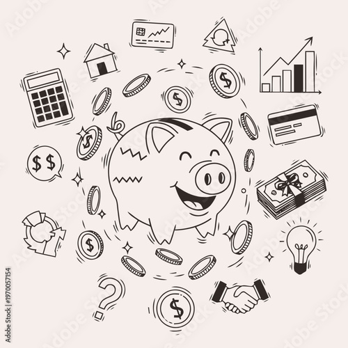 Hand-drawn doodle illustration representing key financial concepts, money management, personal savings, investment strategies, and wealth growth, all centered around a cheerful piggy bank