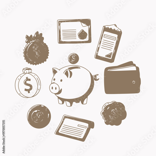 Financial icons representing savings, credit cards, and business with a piggy bank in the center, set against a beige background, suggesting investment and wealth management