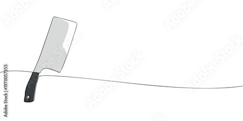 One line drawing of a butcher knife with black handle on white background. Minimal continuous line art for kitchen, cooking, and restaurant design with copy space