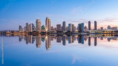 Panoramic San Diego Skyline at Twilight with Water Reflection