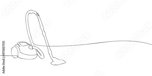 A continuous line drawing of a canister vacuum cleaner with a hose, wand, and floor head, shown in a simple minimal style