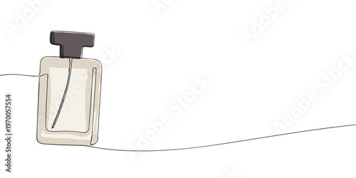 A minimal line art illustration of a perfume bottle with a rectangular body and a dark cap, shown in a soft, elegant style