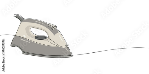 Minimal line art illustration of an electric steam iron with a handle and flat soleplate, used for smoothing and pressing clothes