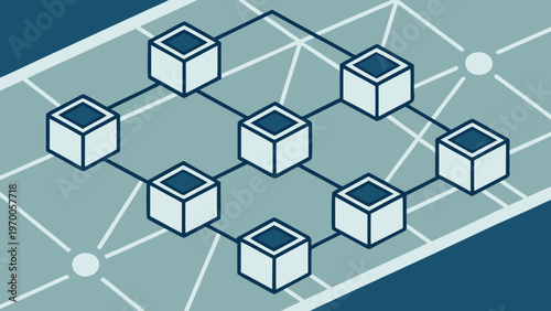 Vector illustration of an abstract blue building featuring a seamless 3d geometric cube pattern and isometric block design for a modern technology business construction concept