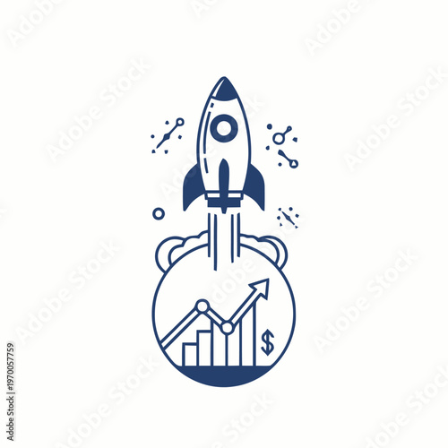 Modern line art icon of a rocket taking off from a rising financial graph, symbolizing rapid business growth, successful startup launch, market acceleration, and strategic investment