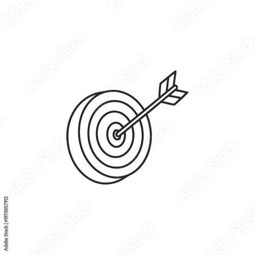 Minimalist line art icon of an arrow hitting the bullseye, perfectly symbolizing business strategy, goal achievement, and precise target success in a competitive market environment