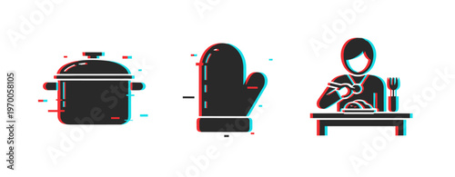 Cooking pot with oven mitt and person eating at table icons. Glitch effect