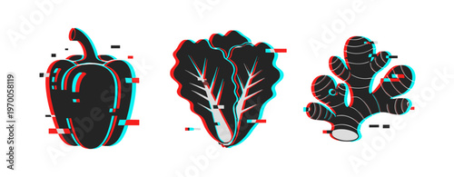 Bell pepper lettuce and ginger icons with glitch effect. Glitch effect