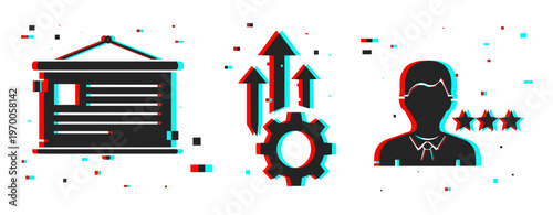 Business icons showing institution growth and user rating on white. Glitch effect