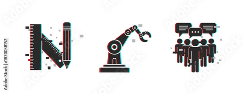 Measurement tool robotic arm and group discussion icons on white background. Glitch effect