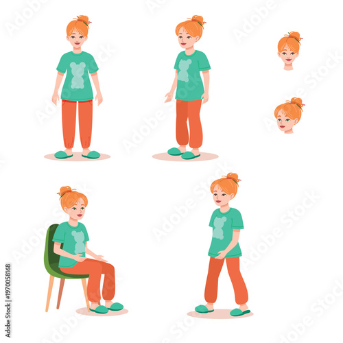 Young Woman Character Set with Different Poses and Views Flat Vector